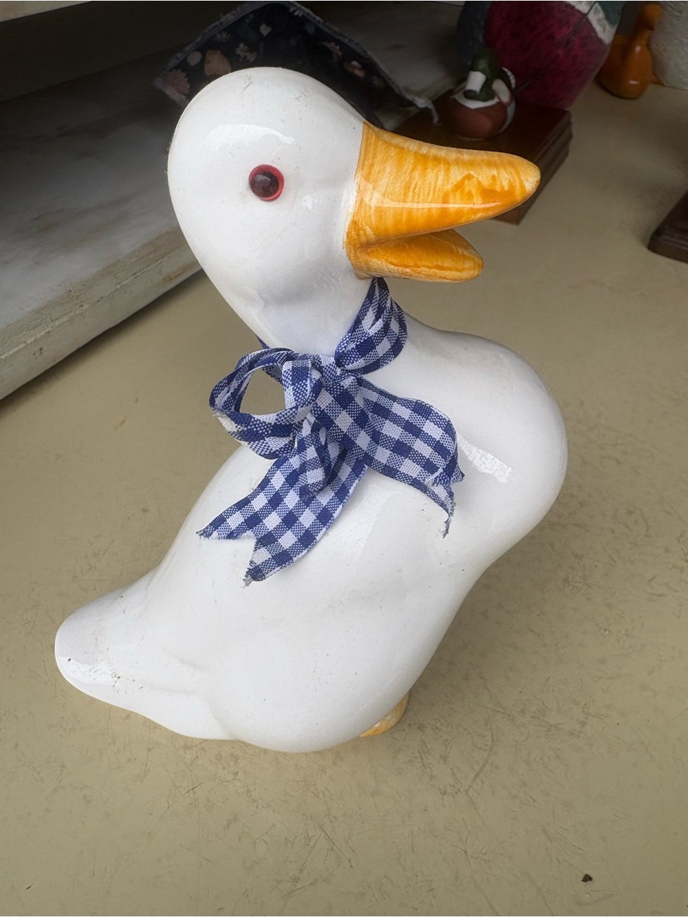Vintage White Ceramic Duck Figurine with Yellow Beak and Blue Gingham Bow